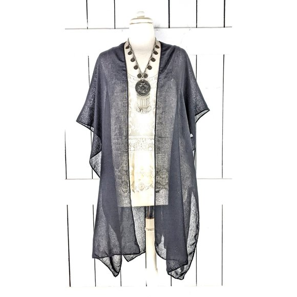 Solid black sheer gauzy cotton kimono cardigan cover up - Picture 2 of 5